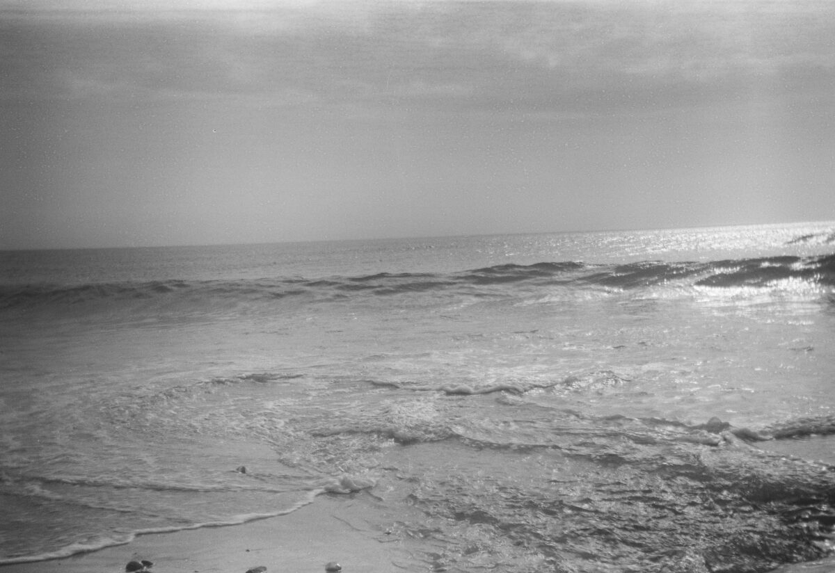 The sea at freshwater west near Pembroke in Wales. Black and white photograph.